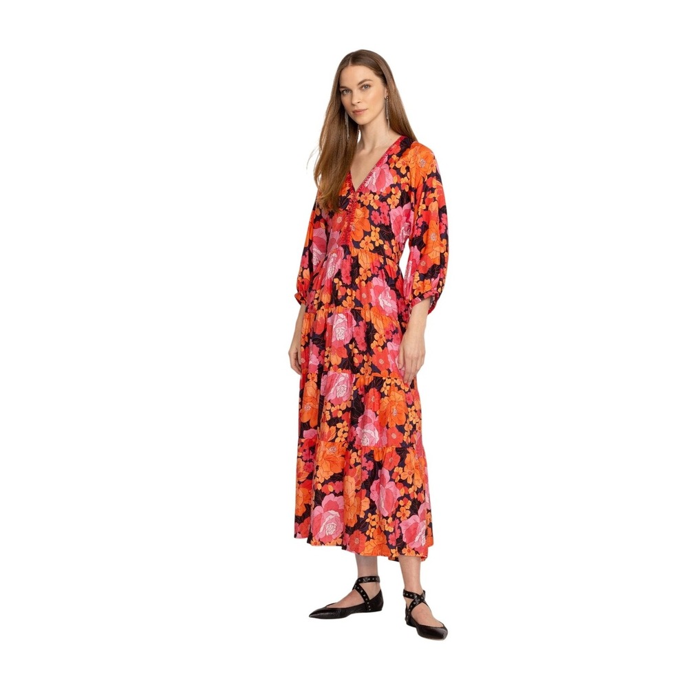 Johnny Was‎ Workshop Becca Dolman Tiered Floral Maxi Dress Puffed Sleeves Size M